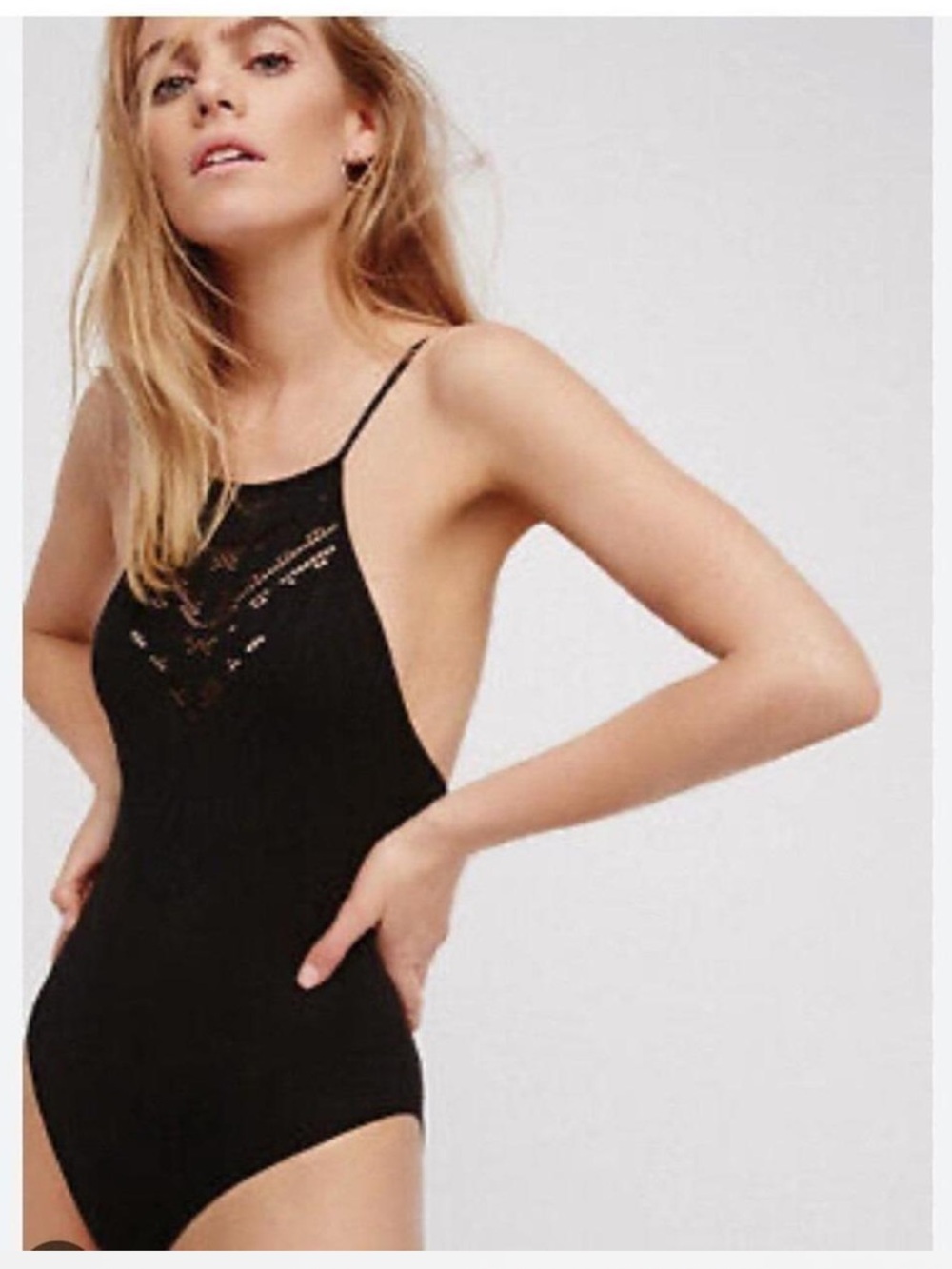 Free People Black Lace-Inset High-Cut Bodysuit